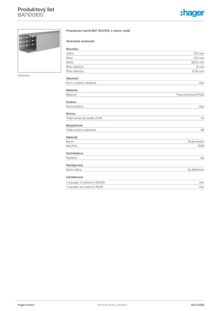 Obrázek Hager Produktový list BA7100100 | Hager