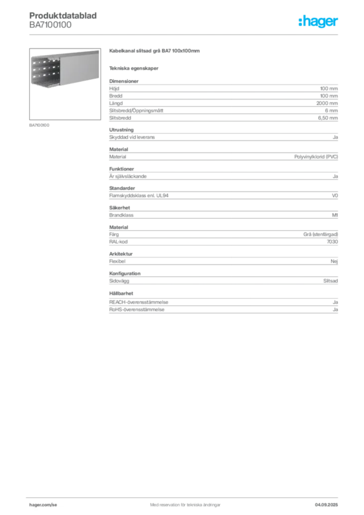 Bild Hager Produktdatablad BA7100100 | Hager Sverige