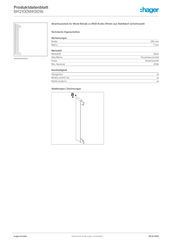 Bild Hager Produktdatenblatt BR210DWK9016 | Hager Deutschland