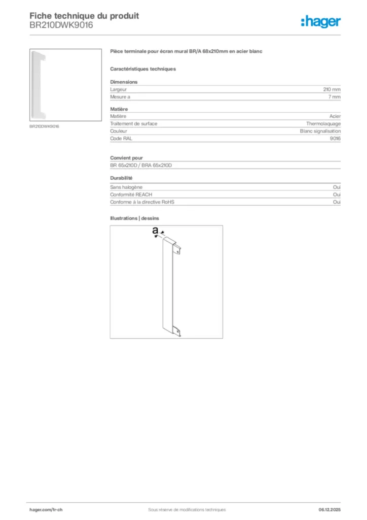 Image Hager Fiche technique du produit BR210DWK9016 | Hager Suisse