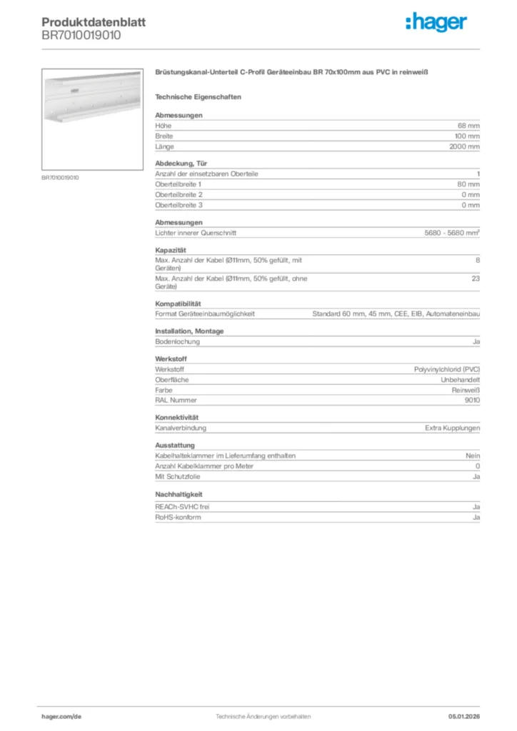 Bild Hager Produktdatenblatt BR7010019010 | Hager Deutschland