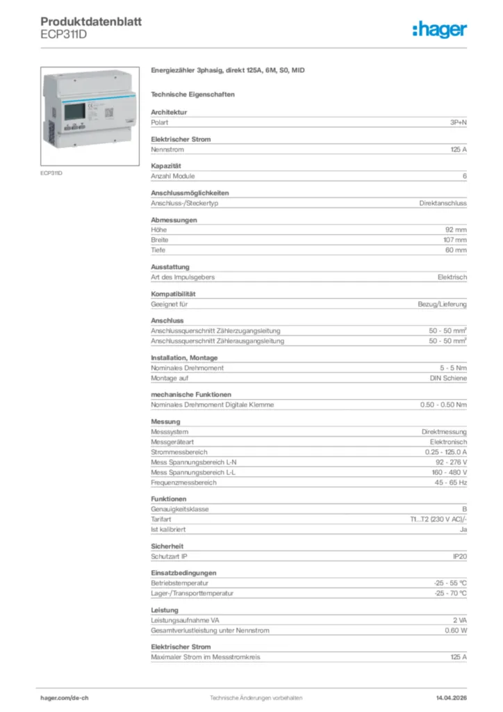 Bild Hager Produktdatenblatt ECP311D | Hager Schweiz