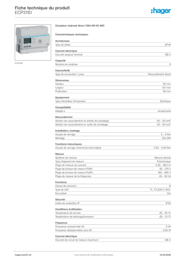 Image Hager Fiche technique du produit ECP311D | Hager Suisse