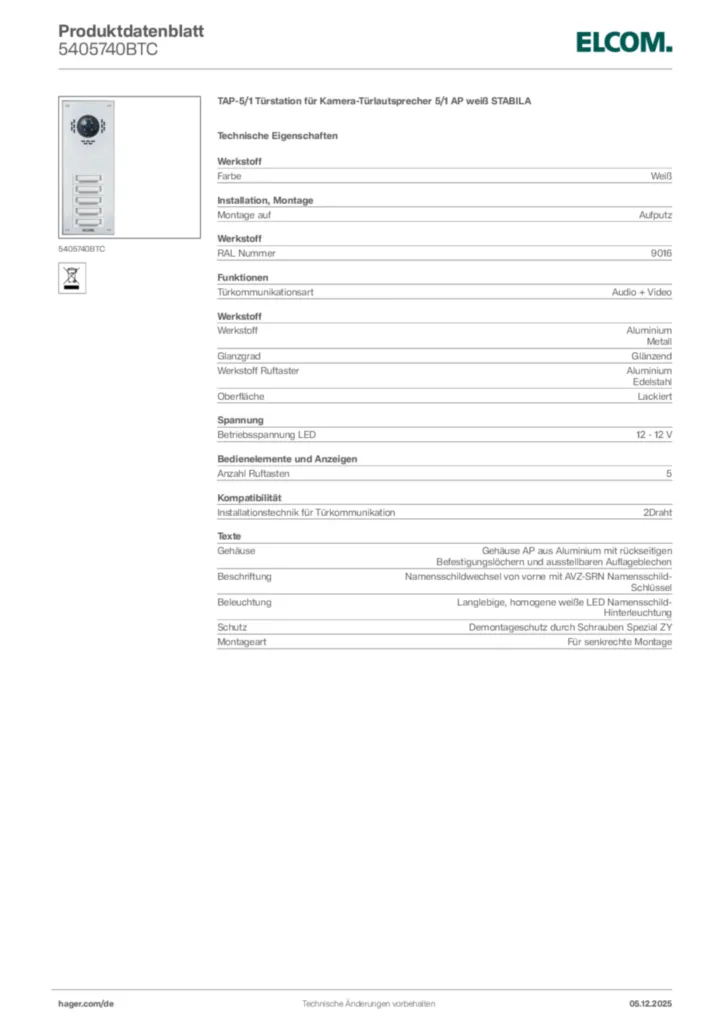 Bild Elcom Produktdatenblatt 5405740BTC | Hager Deutschland