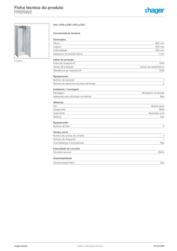 Imagem Hager Ficha técnica do produto FP61SW2 | Hager Portugal