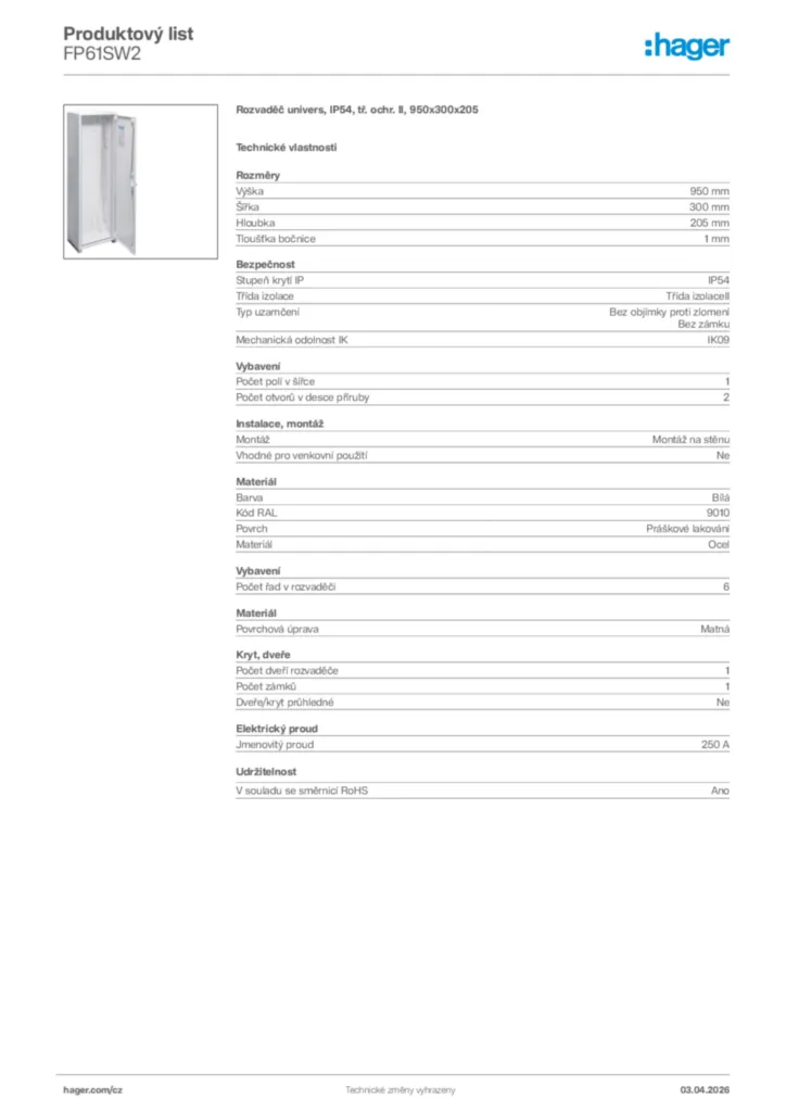 Obrázek Hager Product data sheet FP61SW2 | Hager