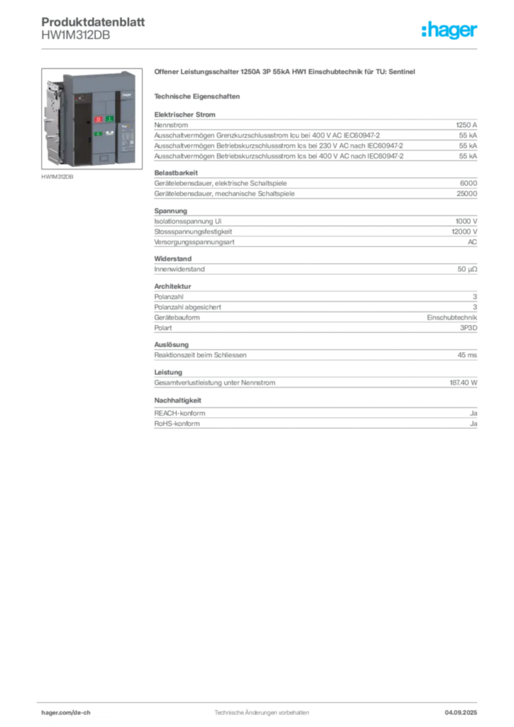 Bild Hager Produktdatenblatt HW1M312DB | Hager Schweiz