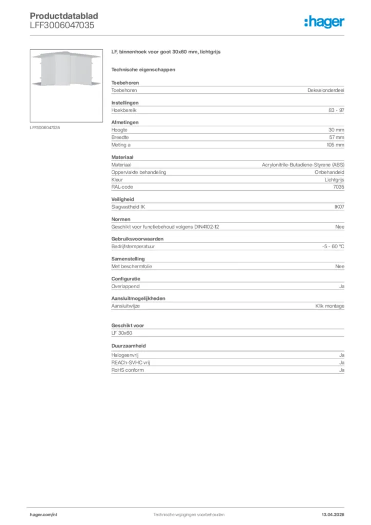 Afbeelding Hager Productdatablad LFF3006047035 | Hager Nederland