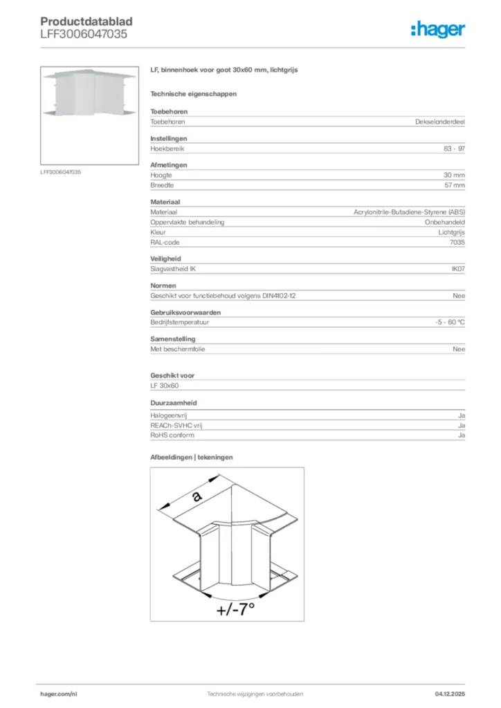 Afbeelding Hager Productdatablad LFF3006047035 | Hager Nederland