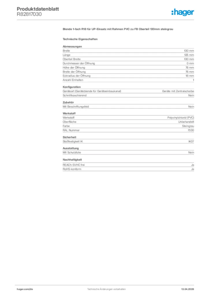 Bild Hager Produktdatenblatt R82817030 | Hager Deutschland