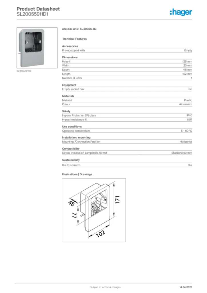 Image Hager Product data sheet SL20055911D1  | Hager Africa