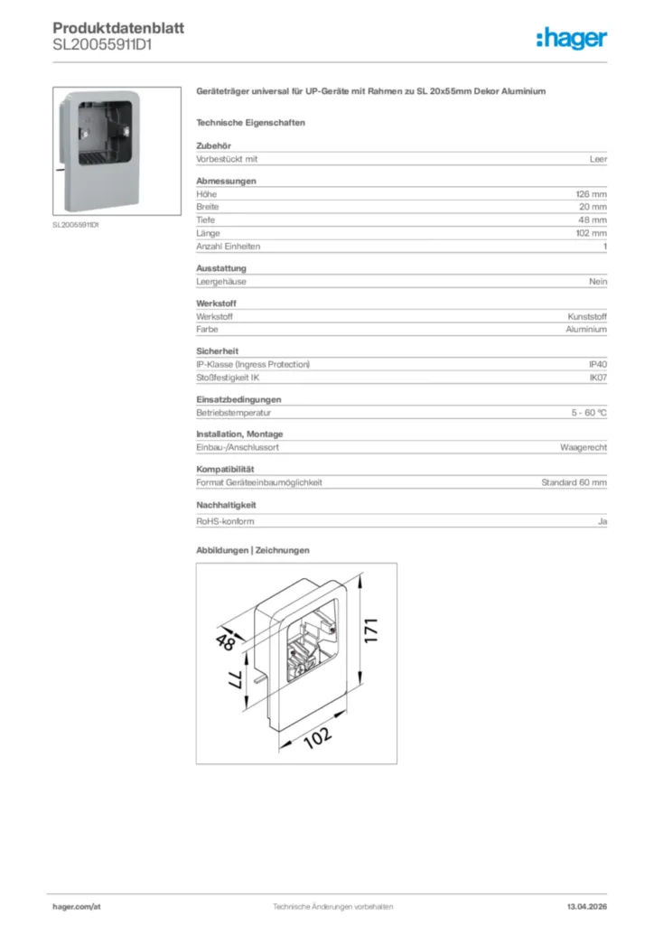 Bild Hager Produktdatenblatt SL20055911D1 | Hager Deutschland