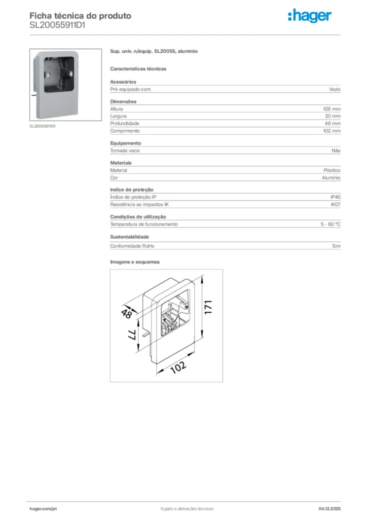 Imagem Hager Ficha técnica do produto SL20055911D1 | Hager Portugal