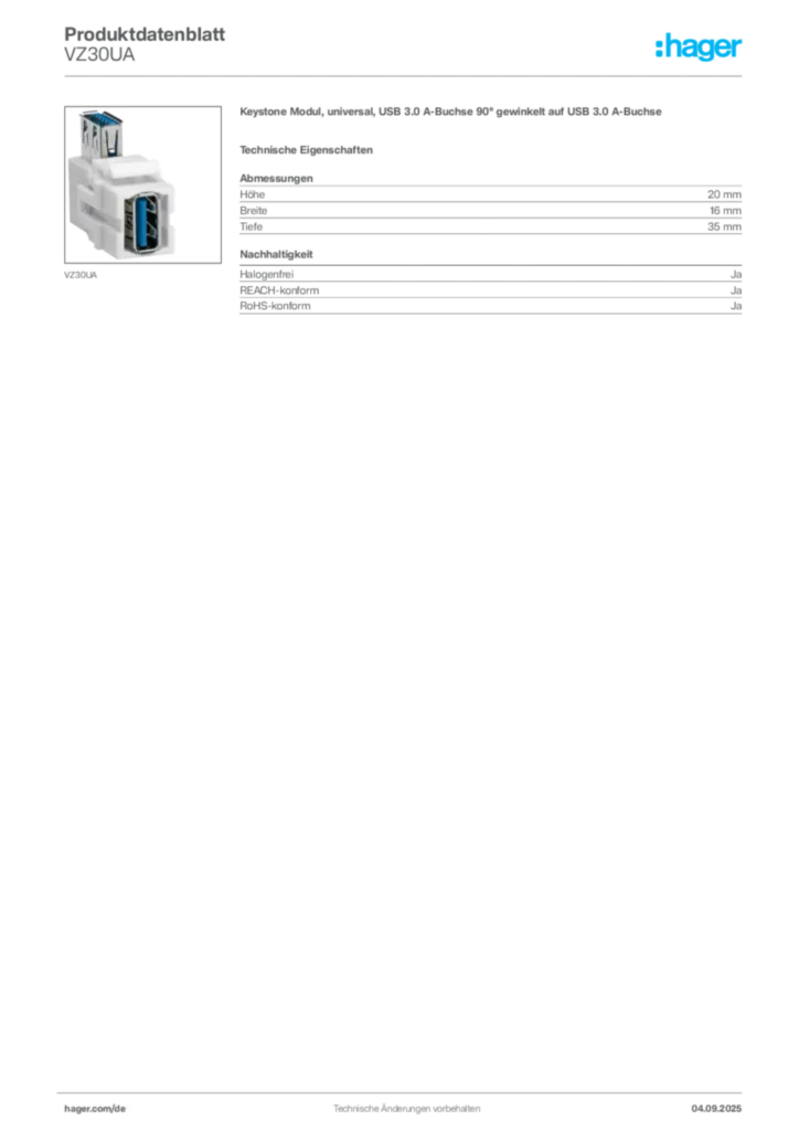 Bild Hager Produktdatenblatt VZ30UA | Hager Deutschland