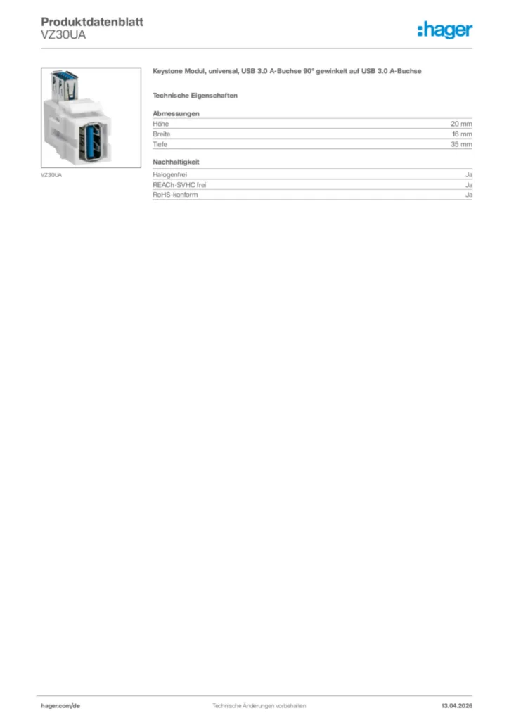 Bild Hager Produktdatenblatt VZ30UA | Hager Deutschland