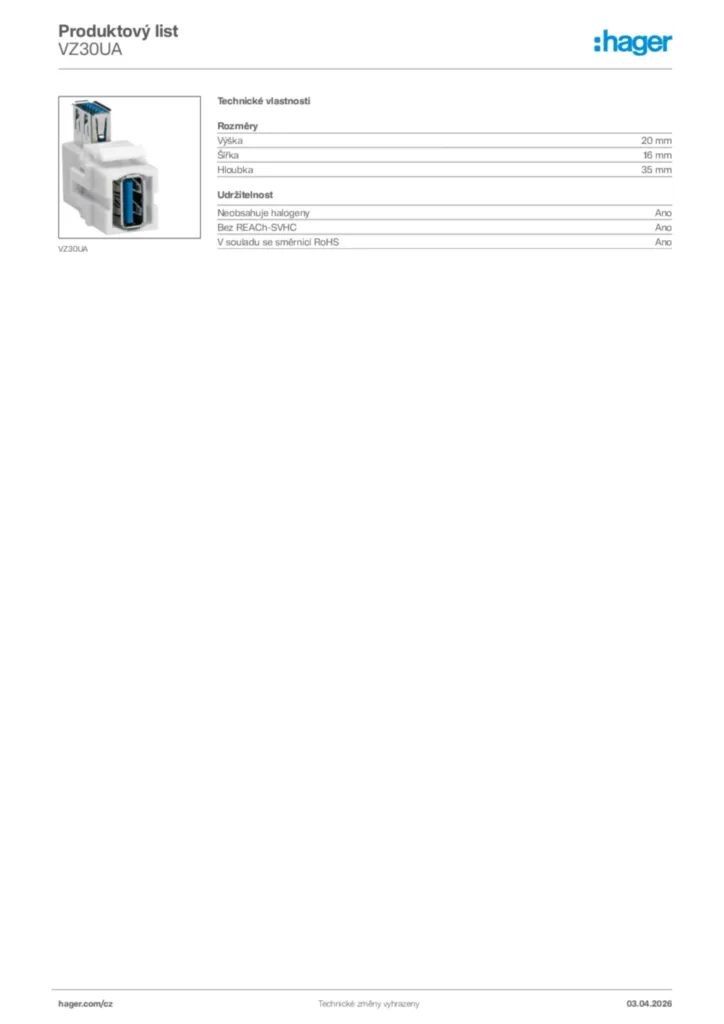 Obrázek Hager Product data sheet VZ30UA | Hager