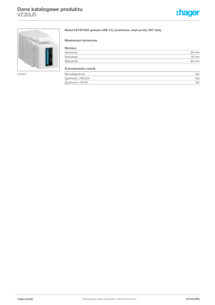 Zdjęcie Hager Dane katalogowe produktu VZ30US | Hager Polska