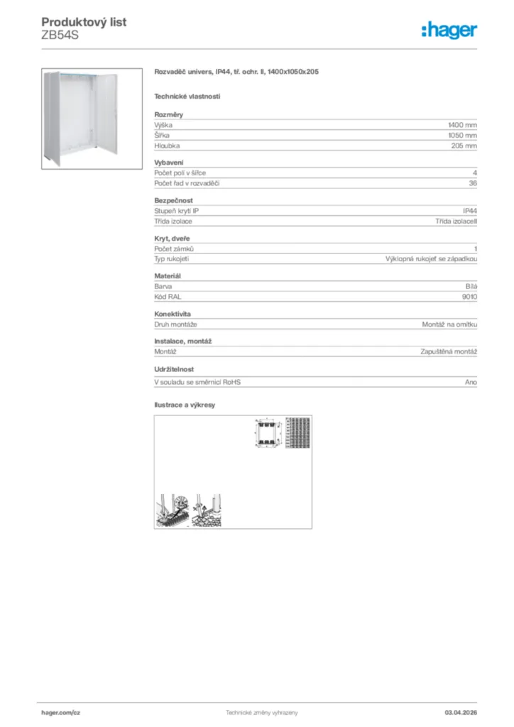 Obrázek Hager Product data sheet ZB54S | Hager