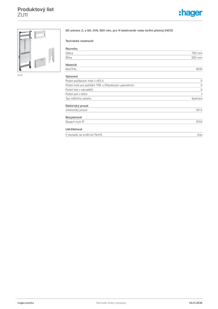 Obrázek Hager Product data sheet ZU11 | Hager