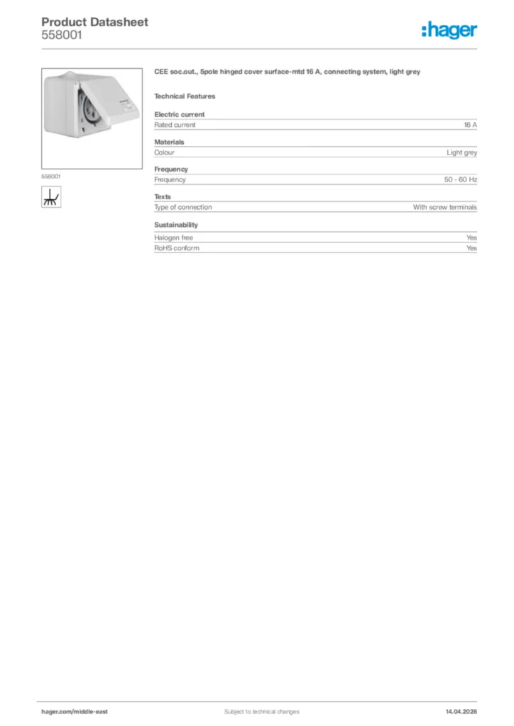 Image Hager Product data sheet 558001  | Hager