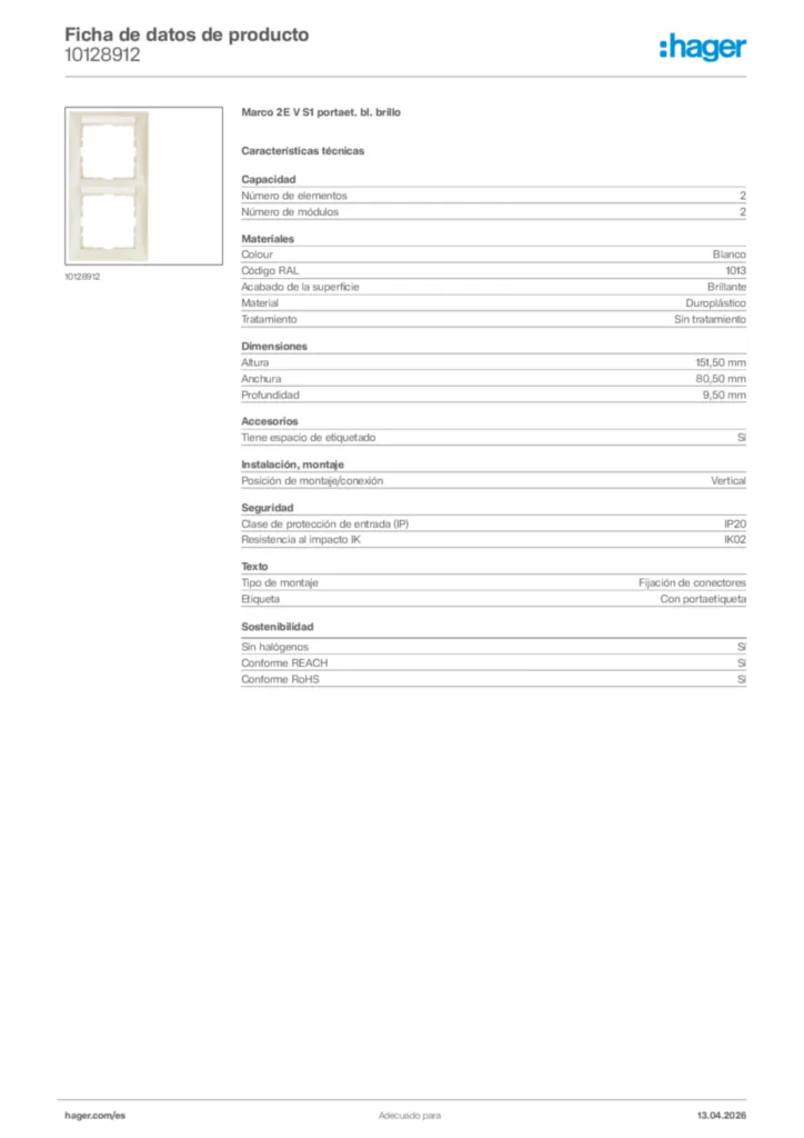 Imagen Hager Ficha de datos de producto 10128912 | Hager España