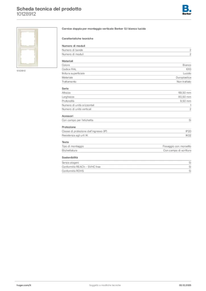 Immagine Berker Scheda tecnica del prodotto 10128912 | Hager Italia