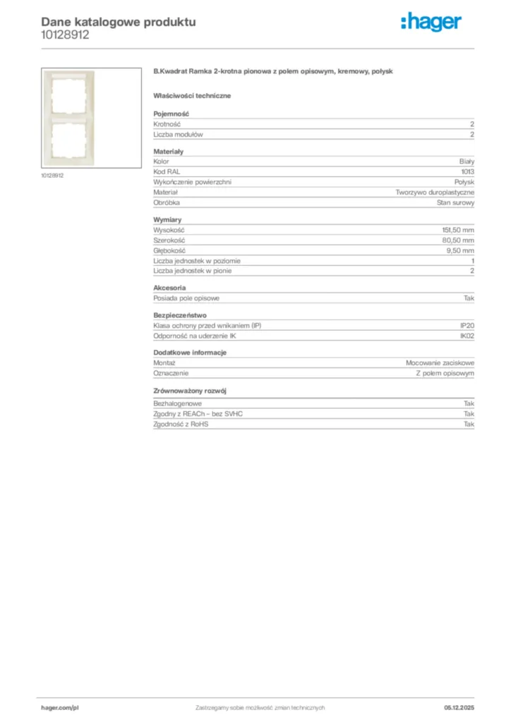 Zdjęcie Hager Dane katalogowe produktu 10128912 | Hager Polska