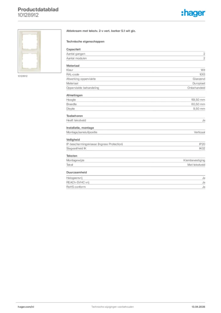 Afbeelding Hager Productdatablad 10128912 | Hager Nederland