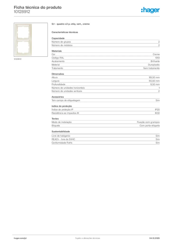 Imagem Hager Ficha técnica do produto 10128912 | Hager Portugal