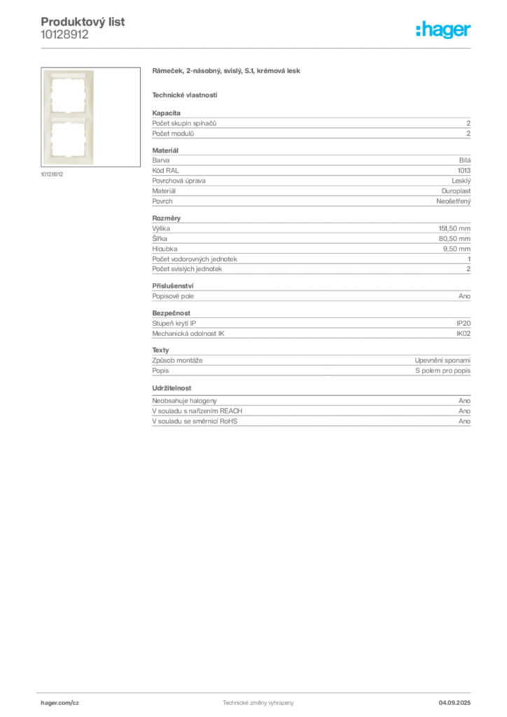 Obrázek Hager Produktový list 10128912 | Hager