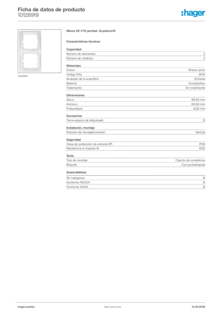 Imagen Hager Ficha de datos de producto 10128919 | Hager España
