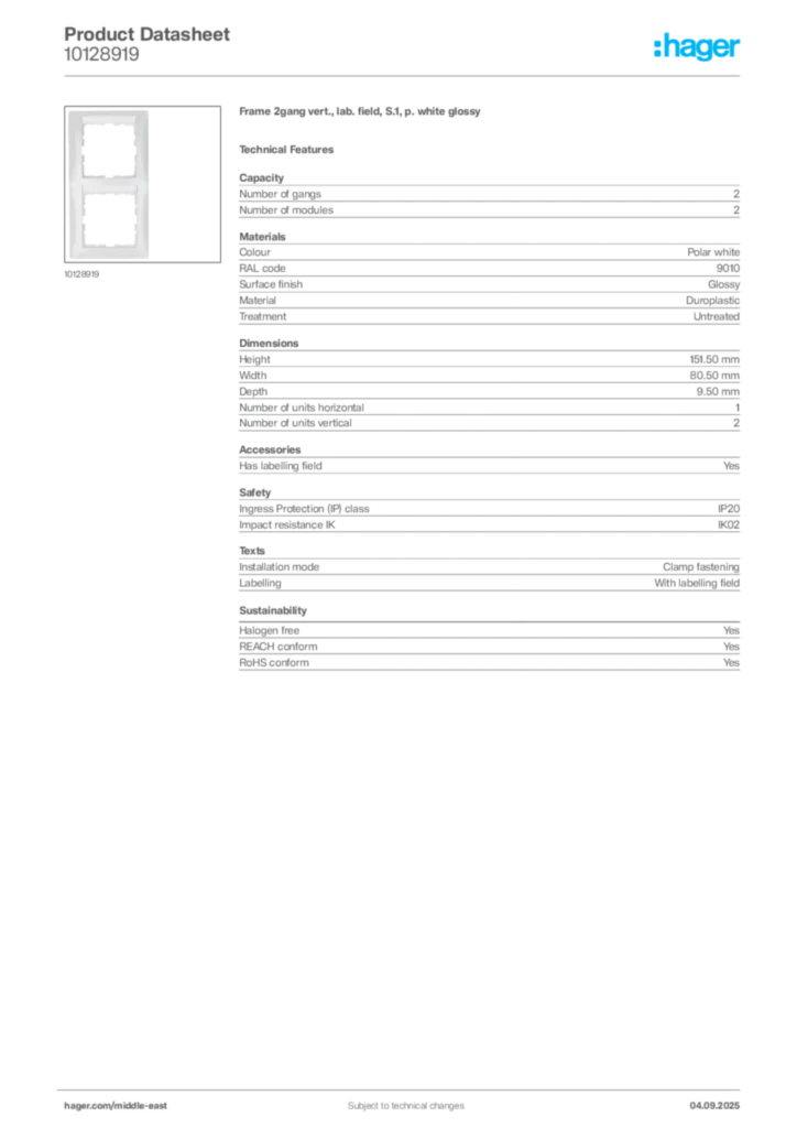 Image Hager Product data sheet 10128919  | Hager