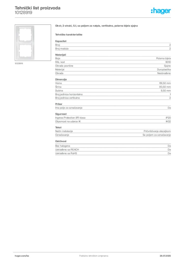 Slika Hager Product data sheet 10128919  | Hager
