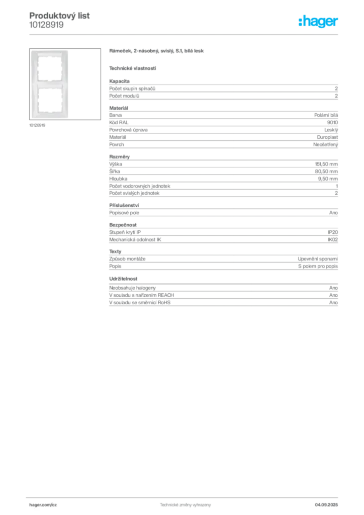 Obrázek Hager Produktový list 10128919 | Hager