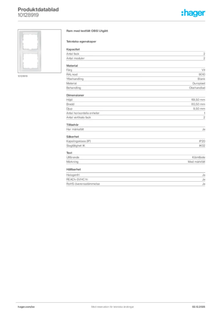 Bild Hager Produktdatablad 10128919 | Hager Sverige
