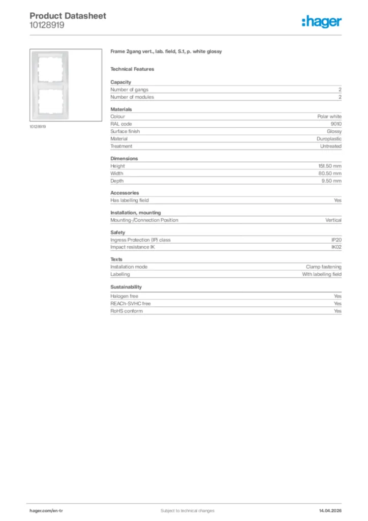 Image Hager Product data sheet 10128919  | Hager