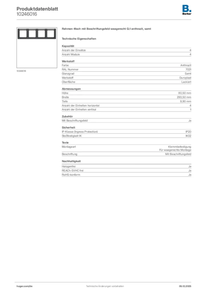Bild Berker Produktdatenblatt 10246016 | Hager Deutschland