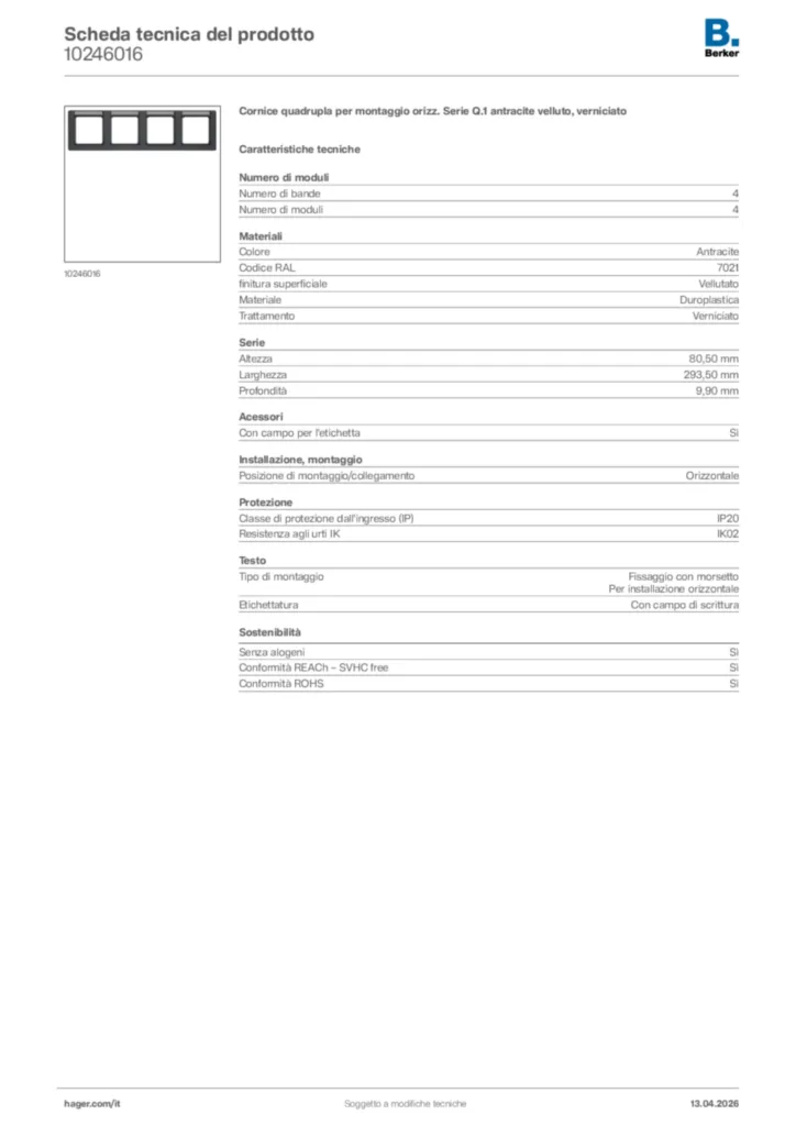 Immagine Berker Scheda tecnica del prodotto 10246016 | Hager Italia
