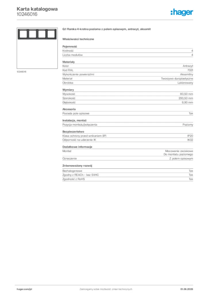 Zdjęcie Hager Karta katalogowa 10246016 | Hager Polska