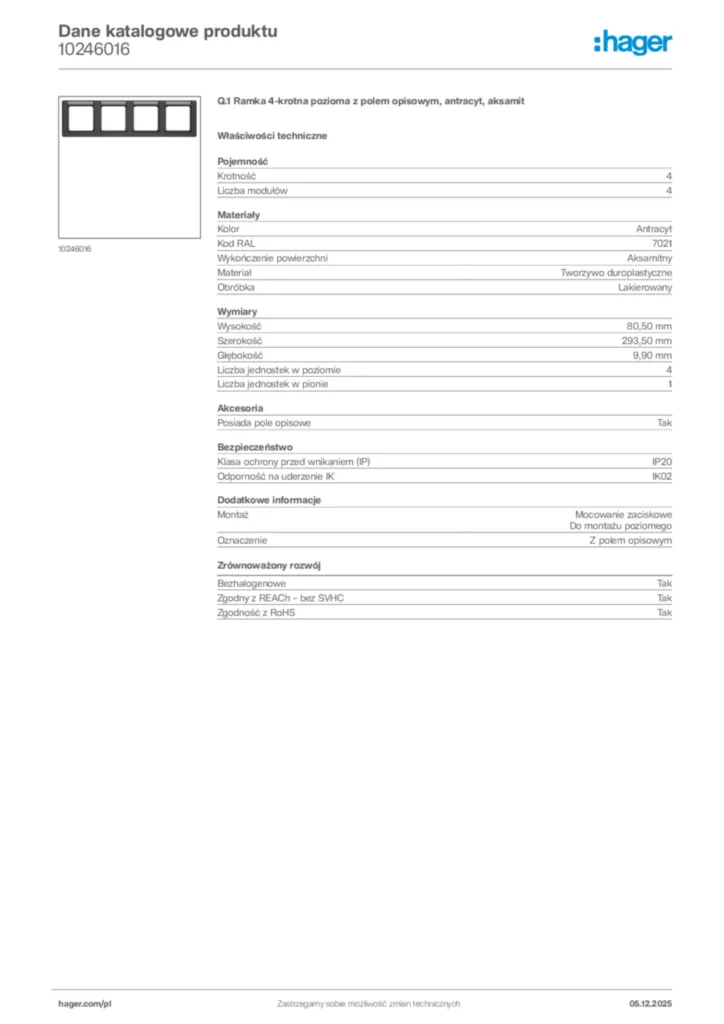 Zdjęcie Hager Dane katalogowe produktu 10246016 | Hager Polska