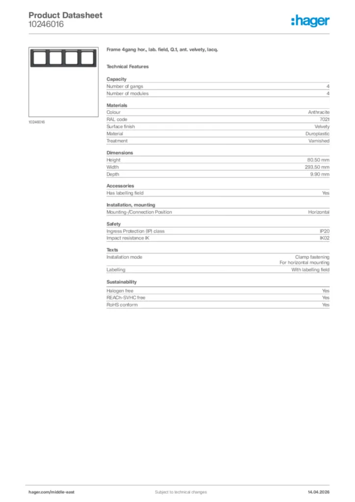 Image Hager Product data sheet 10246016  | Hager