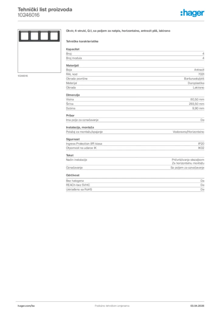 Slika Hager Tehnički list proizvoda 10246016  | Hager