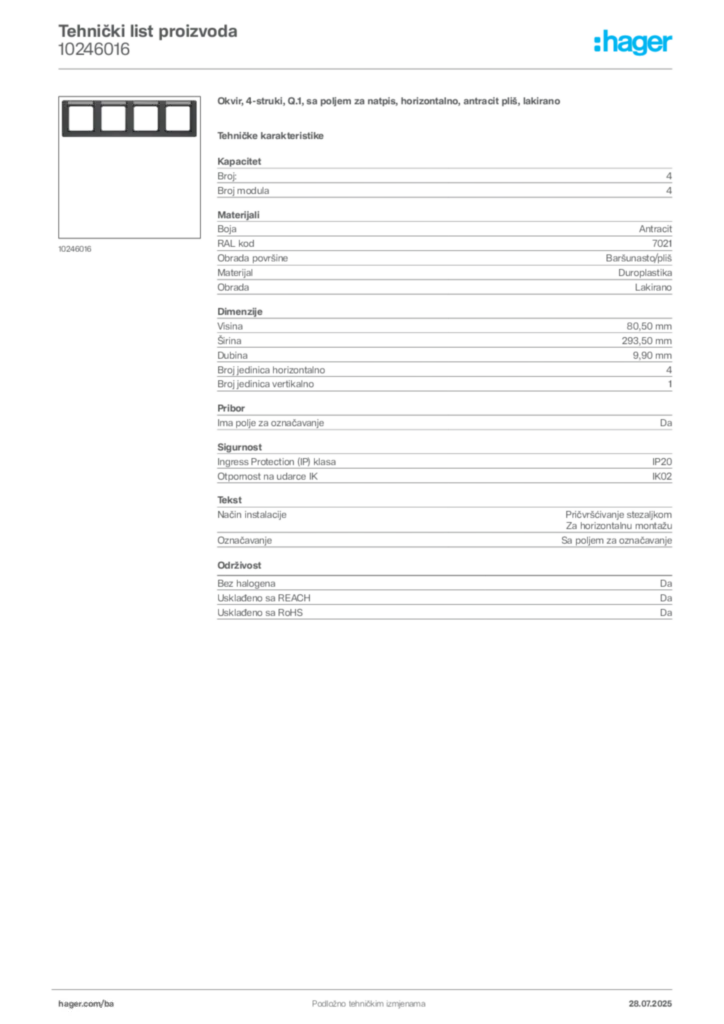 Slika Hager Product data sheet 10246016  | Hager