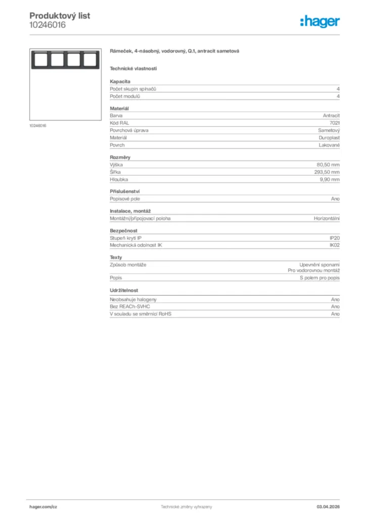Obrázek Hager Product data sheet 10246016 | Hager