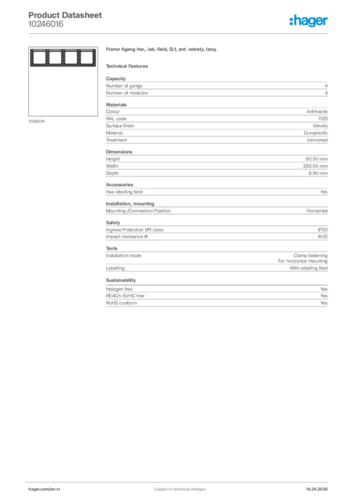 Image Hager Product data sheet 10246016  | Hager