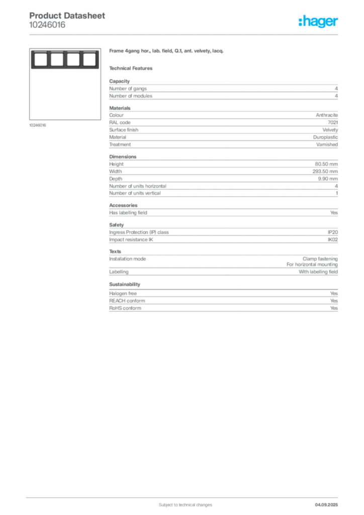 Image Hager Product data sheet 10246016  | Hager