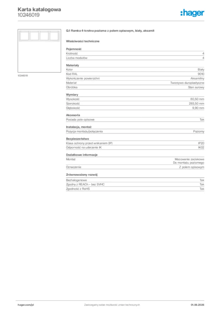 Zdjęcie Hager Karta katalogowa 10246019 | Hager Polska