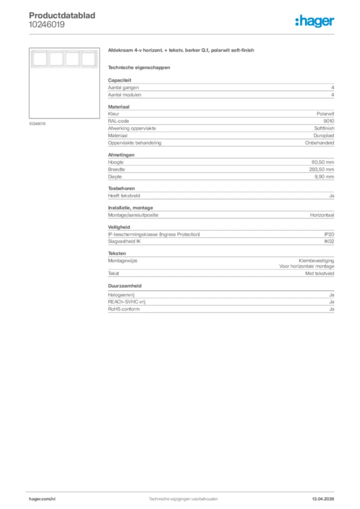 Afbeelding Hager Productdatablad 10246019 | Hager Nederland