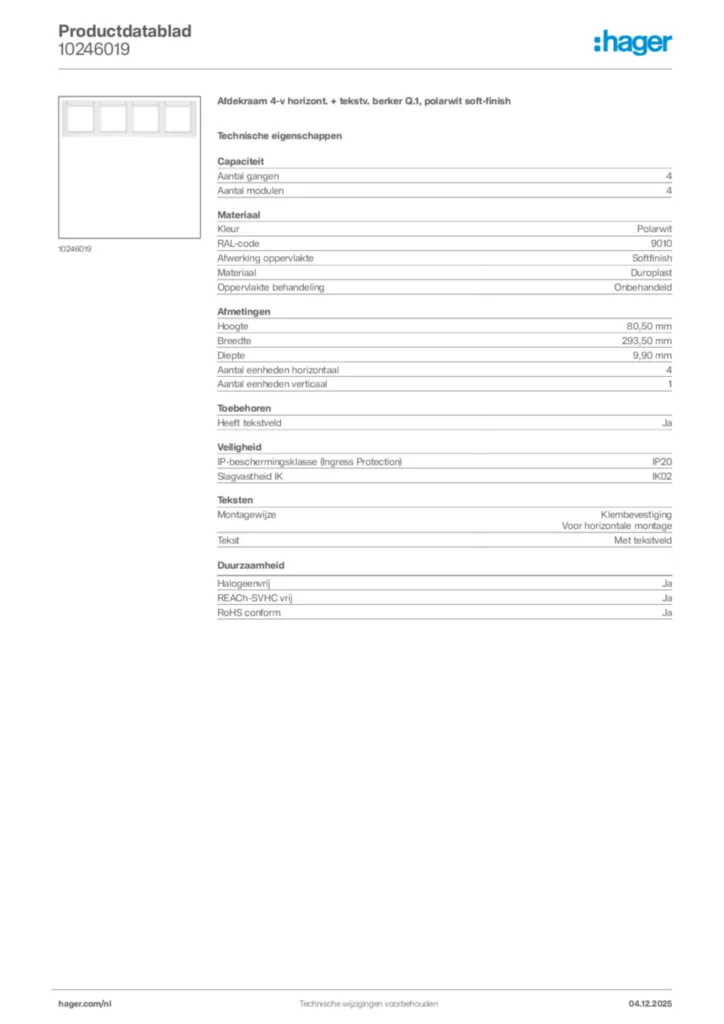 Afbeelding Hager Productdatablad 10246019 | Hager Nederland