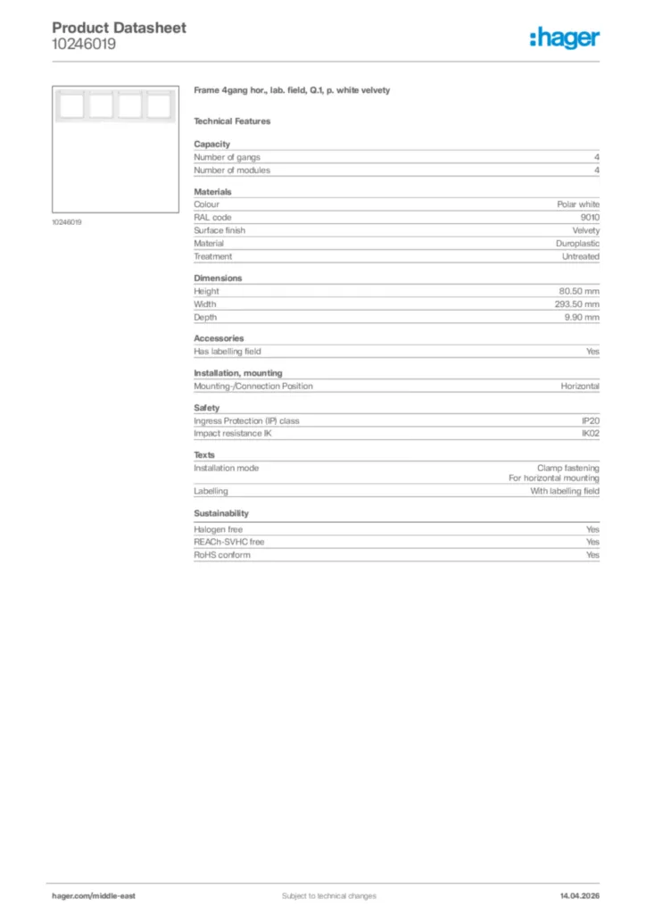 Image Hager Product data sheet 10246019  | Hager